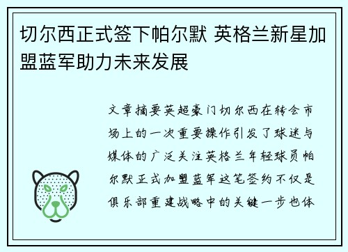 切尔西正式签下帕尔默 英格兰新星加盟蓝军助力未来发展